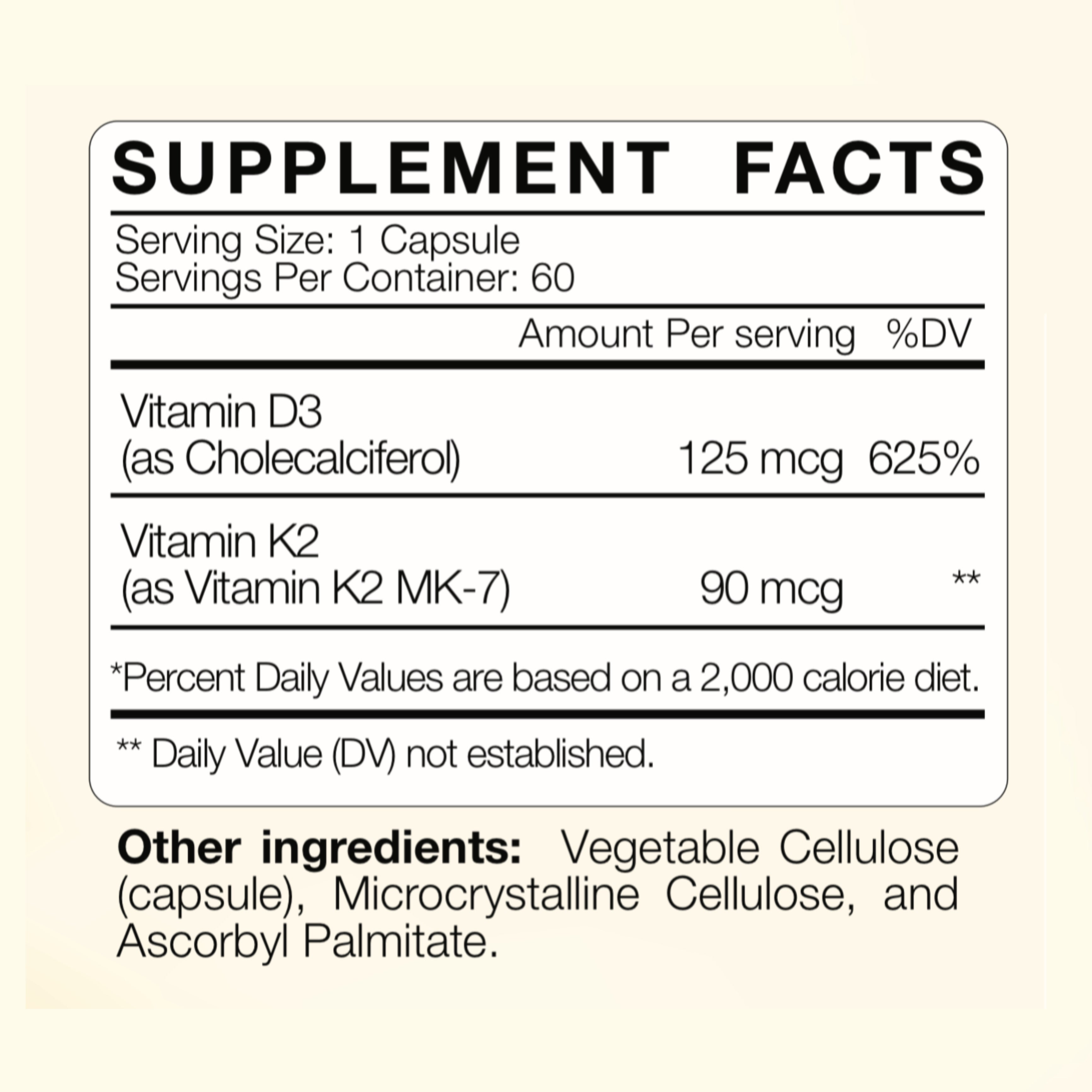 Vitamin D3 (5000 IU) + K2 (MK-7 90mcg) manufacturer Supplement Facts label