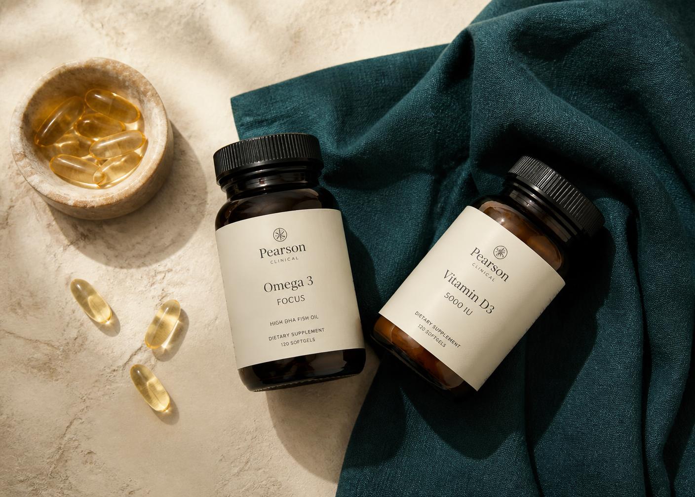 Clinical-grade vitamin D3 and magnesium supplement bottles